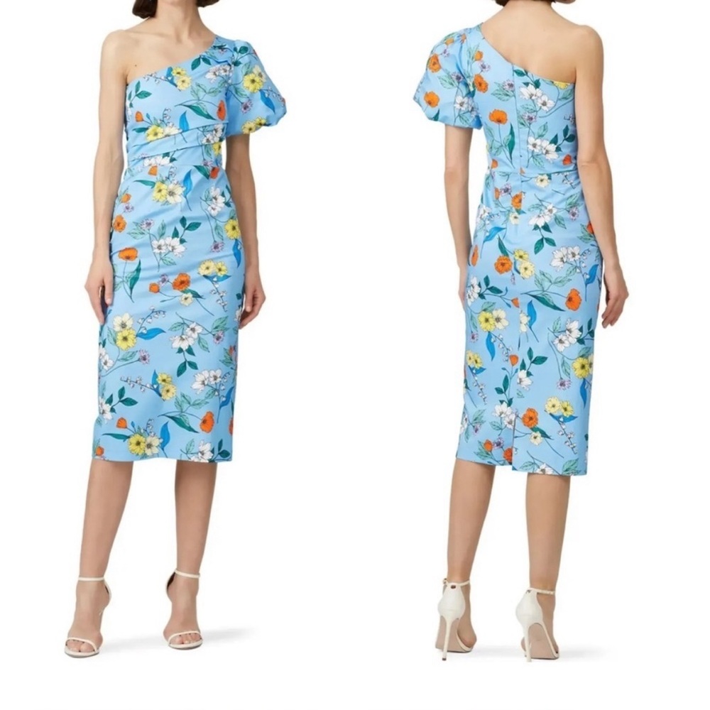 HUNTER BELL Margo One Shoulder Midi Dress Light Blue Floral Bodycon Size 6